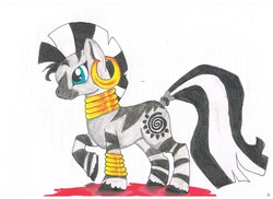 Size: 2338x1700 | Tagged: safe, zecora, zebra, bridle gossip, g4, female, profile, raised hoof, simple background, smiling, solo, traditional art, white background