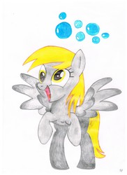 Size: 1700x2338 | Tagged: safe, derpy hooves, pegasus, pony, g4, bubble, cutie mark, derp, derpy's cutie mark, female, happy, mare, open mouth, simple background, smiling, solo, spread wings, traditional art, white background, wings