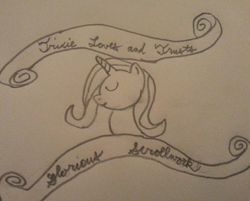 Size: 747x600 | Tagged: safe, artist:itsthinking, trixie, pony, unicorn, g4, female, mare, monochrome, old banner, sketch, solo, text, traditional art