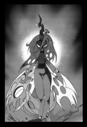 Size: 996x1446 | Tagged: safe, artist:zat, queen chrysalis, changeling, changeling queen, g4, explicit source, female, grayscale, monochrome, solo