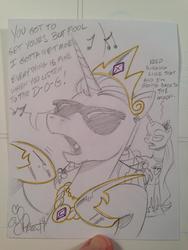 Size: 768x1024 | Tagged: safe, artist:andypriceart, princess celestia, princess luna, g4, andy you magnificent bastard, bling, clothes, gangsta, gangsta rap, gangstalestia, hiphop, luna is not amused, rap, rapping, shirt, singing, snoop dogg, song, song reference, sunglasses, the rolling stones, traditional art, unamused