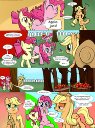 Size: 1024x1380 | Tagged: safe, artist:paintedtune, apple bloom, applejack, pinkie pie, earth pony, pony, g4, pinkie apple pie, :3, apple, applebucking, comic