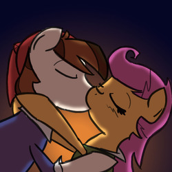 Size: 900x900 | Tagged: safe, artist:eliwood10, pipsqueak, scootaloo, ask captain pipsqueak, g4, ask, female, kiss on the lips, kissing, male, ship:scootasqueak, shipping, straight, tumblr