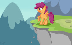 Size: 1024x640 | Tagged: safe, artist:wavecipher, scootaloo, pegasus, pony, g4, cliff, female, raised hoof, solo