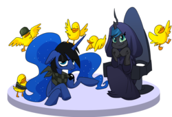 Size: 1280x870 | Tagged: safe, artist:jokerpony, princess luna, queen chrysalis, alicorn, changeling, changeling queen, duck, pony, ask teen chrysalis, g4, clothes, female, robe, star wars, tumblr