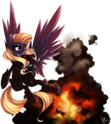 Size: 1000x1123 | Tagged: safe, artist:bamboodog, oc, oc only, oc:comet kicker, fallout equestria, enclave, explosion, palindrome get, solo