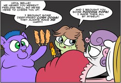 Size: 1024x699 | Tagged: safe, artist:catfood-mcfly, sweetie belle, oc, oc:checked privilege, oc:fat shamed, g4, corndog, food, fury belle, pudding pop, sick bed, tumblr