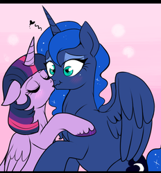 Size: 452x488 | Tagged: safe, artist:lulubell, princess luna, twilight sparkle, alicorn, pony, g4, blushing, female, kiss on the lips, kissing, lesbian, mare, scrunchy face, ship:twiluna, shipping, twilight sparkle (alicorn)