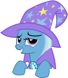 Size: 1835x2075 | Tagged: artist needed, source needed, safe, trixie, pony, g4, cape, clothes, female, hat, lidded eyes, mare, simple background, smiling, smirk, solo, transparent background, trixie's hat, wizard hat