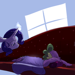 Size: 1024x1024 | Tagged: safe, artist:imsokyo, rarity, spike, daily sleeping spike, g4, :3, bedroom eyes, blanket, couch, cute, eyes closed, fainting couch, floppy ears, glowing horn, horn, levitation, magic, prone, sleeping, smiling, telekinesis, tumblr