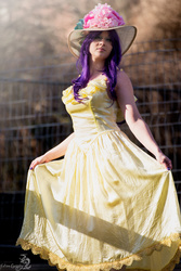 Size: 427x640 | Tagged: safe, artist:moko_modoki, rarity, human, g4, sweet and elite, clothes, cosplay, defictionalization, dress, hat, irl, irl human, nail polish, photo, solo, teacup, yellow dress