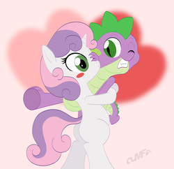 Size: 1500x1451 | Tagged: safe, artist:miniferu, spike, sweetie belle, g4, female, kissing, male, ship:spikebelle, shipping, straight