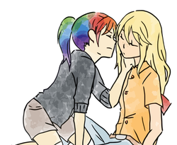 Size: 2500x2050 | Tagged: artist needed, source needed, safe, applejack, rainbow dash, human, g4, eyes closed, female, freckles, high res, humanized, imminent kissing, lesbian, loose hair, ponytail, ship:appledash, shipping, sleeping, stroking