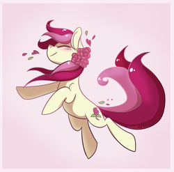 Size: 873x864 | Tagged: safe, artist:saber-panda, roseluck, earth pony, pony, g4, eyes closed, female, flower, flower in hair, mare, simple background, smiling, solo