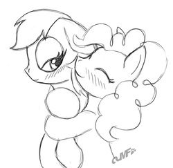 Size: 900x874 | Tagged: safe, artist:miniferu, pinkie pie, rainbow dash, g4, female, hug, lesbian, monochrome, ship:pinkiedash, shipping, sketch