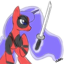 Size: 250x250 | Tagged: safe, artist:miniferu, princess luna, g4, cosplay, deadpool, female, sketch, solo, sword, weapon