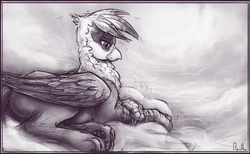 Size: 1680x1033 | Tagged: safe, artist:bantha, gilda, griffon, g4, cloud, cloudy, female, grayscale, monochrome, paw pads, paws, prone, smiling, solo