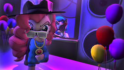 Size: 2560x1440 | Tagged: safe, artist:zigidi94, dj pon-3, pinkie pie, vinyl scratch, g4, 3d, balloon, rapper pie, shutter shades, source filmmaker, sunglasses