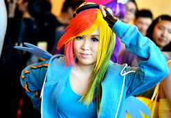 Size: 2048x1420 | Tagged: safe, artist:fluffyducky-plushie, rainbow dash, human, g4, cosplay, irl, irl human, multicolored hair, photo, rainbow hair