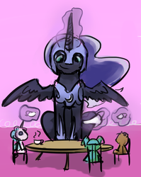 Size: 700x881 | Tagged: safe, nightmare moon, princess celestia, alicorn, pony, g4, chair, cup, female, magic, nicemare moon, plushie, solo, table, tea party