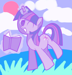 Size: 374x390 | Tagged: safe, artist:mori, twilight sparkle, g4, book, female, grin, looking at you, magic, pixiv, smiling, solo, telekinesis, wink