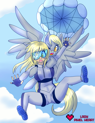 Size: 2975x3850 | Tagged: safe, artist:ladypixelheart, derpy hooves, human, g4, air ponyville, clothes, falling, flying, goggles, high res, hug, human ponidox, humanized, jumpsuit, parachute, skydiving