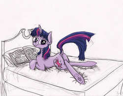 Size: 2845x2227 | Tagged: safe, artist:pwnyville, twilight sparkle, g4, bed, book, butt, dock, female, high res, looking at you, looking back, messy hair, plot, prone, raised tail, reading, smiling, solo, sploot, the fresh prince of bel-air, underhoof