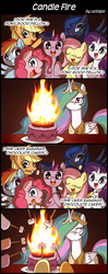 Size: 800x2020 | Tagged: safe, artist:uotapo, applejack, fluttershy, pinkie pie, princess celestia, princess luna, rainbow dash, rarity, twilight sparkle, alicorn, pony, g4, :p, annoyed, bananalestia, birthday, birthday cake, birthday party, bonfire, cake, cakelestia, candle, celestia is old, comic, cute, dexterous hooves, eyeroll, eyes closed, female, fire, funny, grin, gritted teeth, hair over one eye, happy, hilarious, hoof hold, immortality, immortality blues, mane six, mare, marshmallow, mouth hold, old, open mouth, party, singing, slice of life, smiling, this will end in tears and/or a journey to the moon, tongue out, twilight sparkle (alicorn), unamused, uotapo is trying to murder us