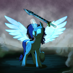 Size: 5000x5000 | Tagged: safe, artist:captainhoers, rarity, alicorn, pony, undead, g4, absurd resolution, alicornified, artificial wings, augmented, broken horn, death knight, evil, evil grin, female, fog, glowing eyes, grin, horn, insanity, magic, magic wings, messy mane, race swap, raricorn, rarisnap, runeblade, smiling, solo, stars, sword, telekinesis, weapon, wings