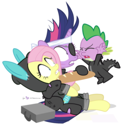 Size: 900x900 | Tagged: safe, artist:dm29, fluttershy, spike, twilight sparkle, dragon, pegasus, pony, unicorn, g4, baguette, bunny ears, context is for the weak, dangerous mission outfit, eyepatch, female, future twilight, male, mare, simple background, suitcase, transparent background, trio