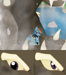 Size: 1152x1302 | Tagged: safe, artist:faith-wolff, rainbow dash, oc, oc:gentle leaf, kaiju, pegasus, pony, fanfic:the bridge, g4, anguirus, crossover, fanfic art, female, filly, foal, godzilla (series), male, mare