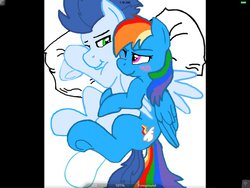 Size: 1024x768 | Tagged: dead source, safe, artist:courtycourtcourt, rainbow dash, soarin', g4, 1000 hours in ms paint, blushing, cuddling, female, hug, male, ms paint, ship:soarindash, shipping, spooning, straight, trace