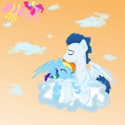 Size: 1024x1024 | Tagged: safe, artist:lionessfortune, fluttershy, pinkie pie, rainbow dash, soarin', g4, cloud, cloudy, female, male, ship:soarindash, shipping, straight