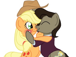 Size: 838x629 | Tagged: safe, artist:biosonic100, applejack, doctor whooves, time turner, earth pony, pony, g4, applejack's hat, blushing, clothes, doctor who, duo, eleventh doctor, female, frock coat, hat, kissing, male, mare, ship:applewhooves, shipping, shirt, stallion, stetson, straight, the doctor
