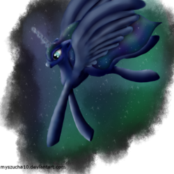 Size: 680x680 | Tagged: safe, artist:myszucha10, princess luna, g4, female, missing accessory, solo, spread wings