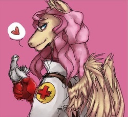 Size: 354x325 | Tagged: artist needed, source needed, safe, fluttershy, anthro, g4, archimedes, fluttermedic, heart, hoers, medic, medic (tf2), parody, team fortress 2