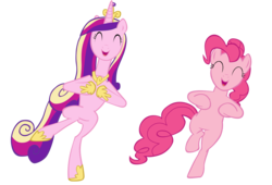 Size: 5000x3403 | Tagged: safe, artist:tardifice, screencap, pinkie pie, princess cadance, a canterlot wedding, g4, ^^, animation error, belly, bipedal, chicken dance, concave belly, crown, cute, cutedance, dancing, diapinkes, duo, duo female, eyes closed, female, hoof shoes, jewelry, mare, open mouth, peytral, physique difference, princess shoes, regalia, simple background, slender, thin, transparent background, vector, wingless