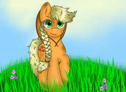 Size: 2200x1600 | Tagged: safe, artist:fairdahlia, applejack, g4, alternate hairstyle, braid, dirty, female, grass, looking at you, messy mane, raised hoof, smiling, solo, sweat