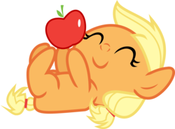 Size: 2992x2198 | Tagged: safe, artist:iscord, applejack, earth pony, pony, g4, apple, baby, baby pony, babyjack, behaving like a cat, cute, eyes closed, female, happy, high res, jackabetes, on back, playing, simple background, smiling, solo, transparent background, vector, weapons-grade cute