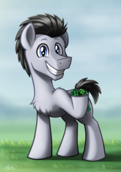 Size: 2163x3077 | Tagged: safe, artist:bcpony, lucky clover, earth pony, pony, g4, background pony, chest fluff, clover, commission, cute, four leaf clover, high res, looking at you, male, smiling, solo, stallion