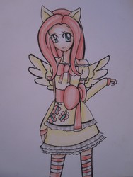 Size: 3000x4000 | Tagged: safe, artist:mimizu-chan, fluttershy, human, g4, clothes, dress, eared humanization, female, humanized, solo, traditional art, winged humanization