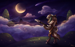 Size: 1500x950 | Tagged: safe, artist:heilos, oc, oc only, oc:moonlight sonata, butt, guitar, headset, moon, night, plot, scenery