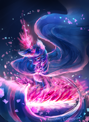 Size: 792x1080 | Tagged: safe, artist:aquagalaxy, twilight sparkle, g4, aura, bedroom eyes, cape, cloak, clothes, female, glowing horn, horn, looking at you, magic, runes, scar, solo, tattoo