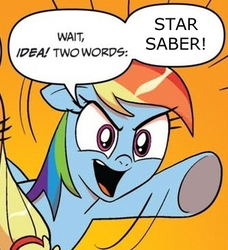 Size: 334x366 | Tagged: safe, rainbow dash, g1, g4, exploitable meme, meme, star saber, transformers, transformers victory, two words meme