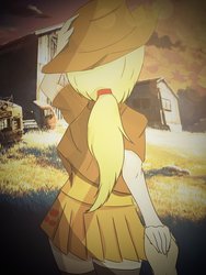 Size: 1024x1365 | Tagged: dead source, safe, artist:orz1515, applejack, human, g4, anime, clothes, cottagecore, farm, humanized, jacket, parody, short-sleeved jacket, skirt, solo focus, thigh highs