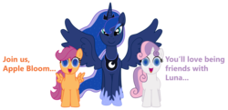 Size: 3222x1557 | Tagged: safe, artist:vincentthecrow, princess luna, scootaloo, sweetie belle, alicorn, pegasus, pony, unicorn, g4, assimilation, ethereal mane, hilarious in hindsight, hoof shoes, horn, looking at you, mind control, simple background, spread wings, starry mane, starry tail, tail, trio, vtc's wacky vectors, wings