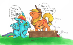 Size: 1275x793 | Tagged: artist needed, source needed, safe, applejack, rainbow dash, g4, apple, stomping