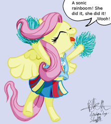 Size: 480x538 | Tagged: safe, artist:ro obsidian solitaire, fluttershy, pony, g4, bipedal, cheerleader, clothes, eyes closed, female, pom pom, solo