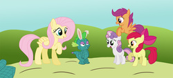 Size: 1280x576 | Tagged: artist needed, source needed, safe, apple bloom, fluttershy, scootaloo, spike, sweetie belle, g4, cutie mark crusaders, gimp suit