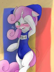 Size: 480x640 | Tagged: safe, artist:azurepicker, sweetie belle, pony, unicorn, g4, belly button, blushing, clothes, female, filly, hot, one eye closed, one-piece swimsuit, school swimsuit, solo, sukumizu, sweat, swimsuit